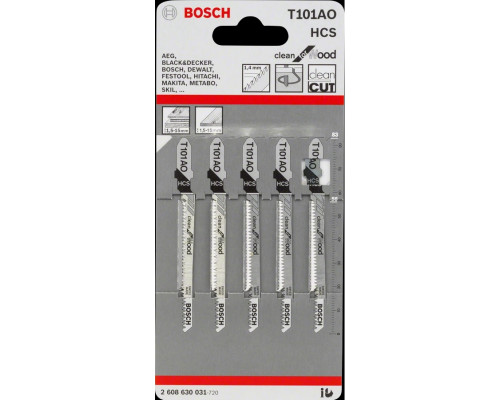 Пилка для лобзика T101AO по дереву 2-20мм, сталь HCS, длина 83мм, Bosch