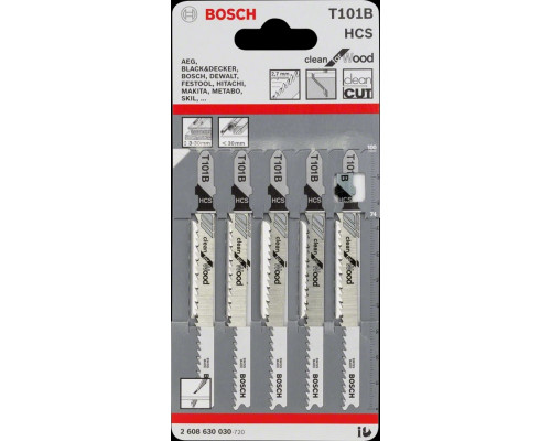 Пилка для лобзика T101B по дереву 4-30мм, сталь HCS, длина 100мм, Bosch