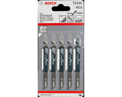 Пилка для лобзика Т111C по дереву 5-60мм, сталь HCS, длина 100мм, Bosch