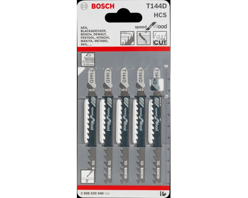 Пилка для лобзика Т144D по дереву 8-60мм, сталь HCS, длина 100мм, Bosch